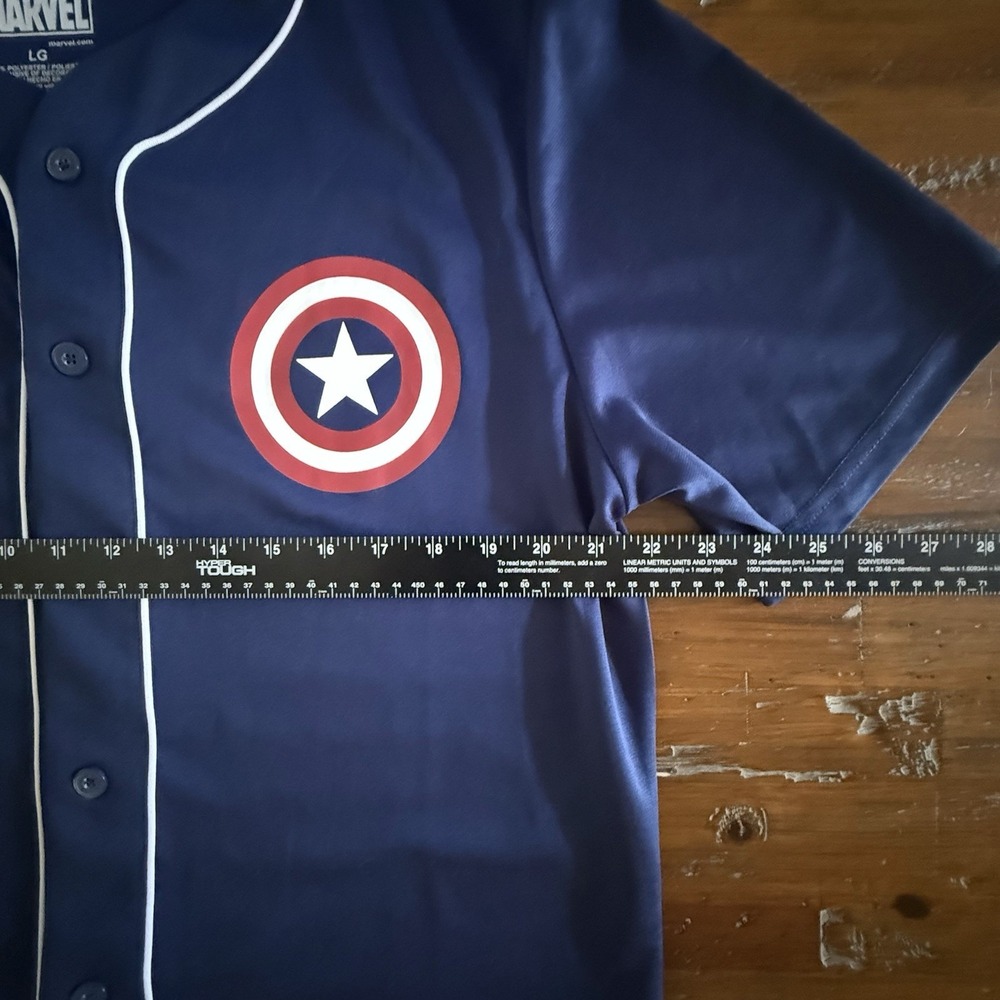 Marvel Captain America Mens L Navy Baseball Jersey Shield Logo 41 Button Up Tee - Picture 2 of 5